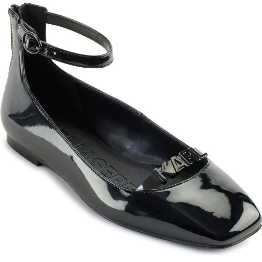 Karl Lagerfeld Zyvia Black Patent Leather Ankle Strap Ballet Flats  Size 7